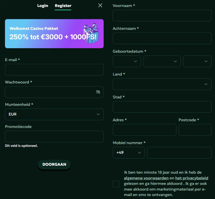 SagaSpins Casino Registratie
